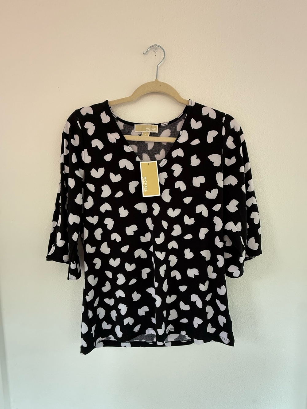 Michael Kors Black Short-Sleeve V-Neck Top with White Heart Print